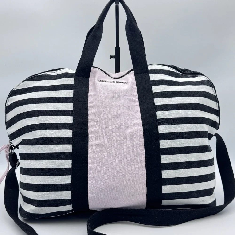 Victorias Secret Overnight Duffle Bag Weekend Tote VS Pink Black Stripe Crossbod
